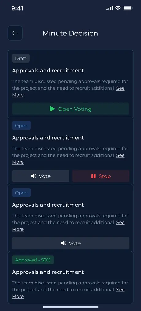 A decision in Tawtheiq open for voting, with the approval threshold and the vote controls