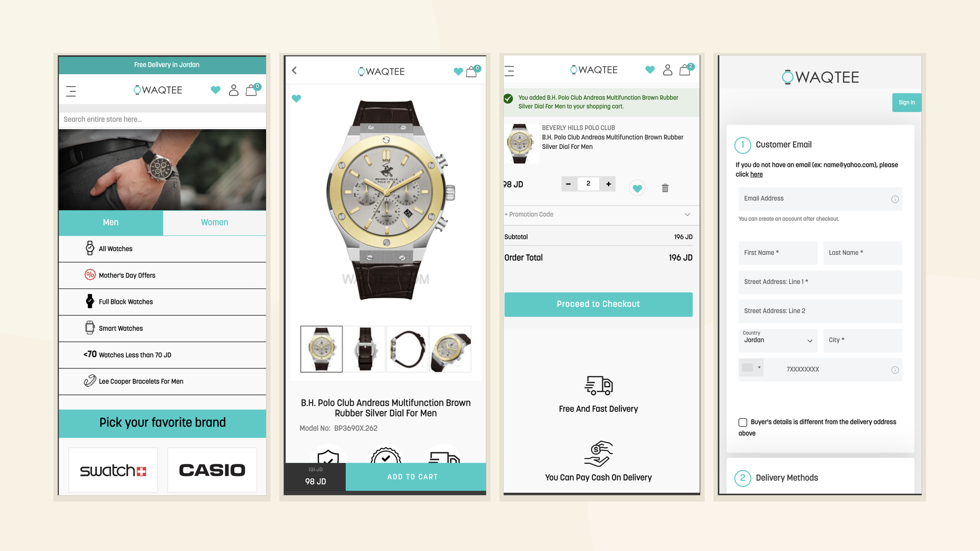 Four screens of the Waqtee store on mobile: the homepage with brand and category navigation, a Beverly Hills Polo Club watch product page, the cart showing two items at 196 JD, and the checkout form