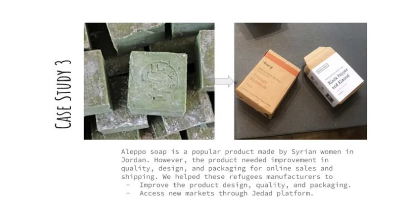 Case study 3 — Aleppo soap, made by Syrian women in Jordan, repackaged for online sale and export.