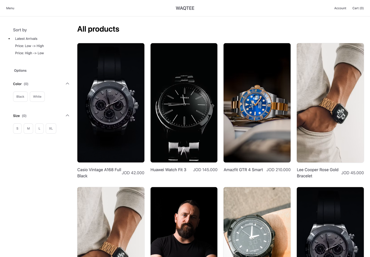 A watch category page on a store we built, listing products with prices in Jordanian dinars