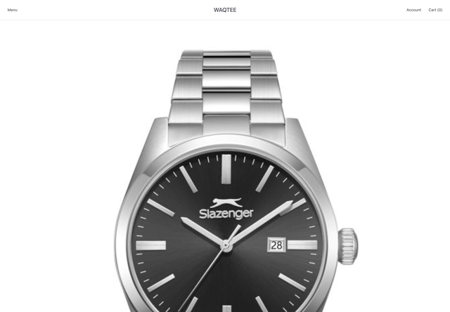 A men's stainless steel watch with a black dial, photographed on a plain background