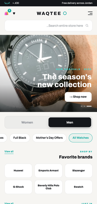 The same page with the layout mirrored: menu at the right, cart at the left, search icon at the right of the field, the men's and women's toggle reversed, and the collection arrow pointing the other way