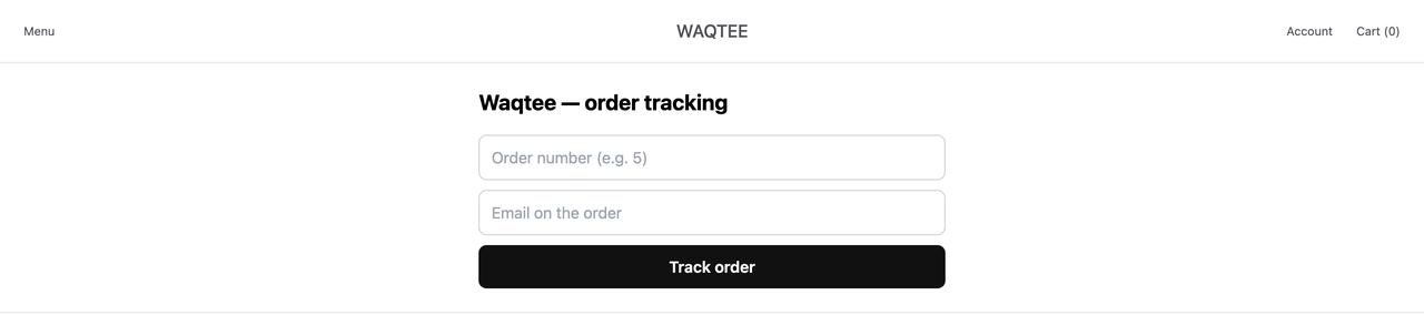 An order tracking page where a customer enters an order number and the email on the order