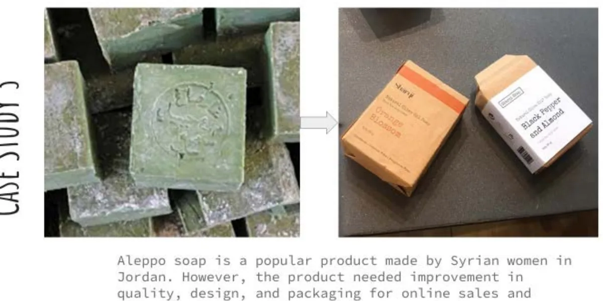 Before and after of Aleppo soap: rough unwrapped green blocks, then the same soap boxed and labelled for retail