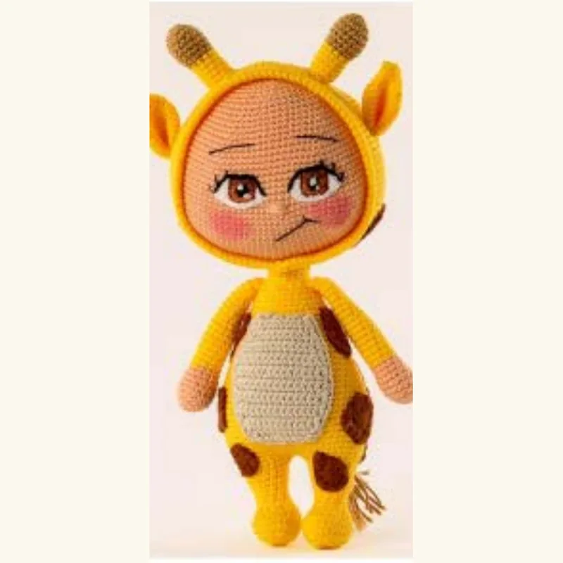 A crocheted doll redesigned as a giraffe, with embroidered eyes and a trend-led palette