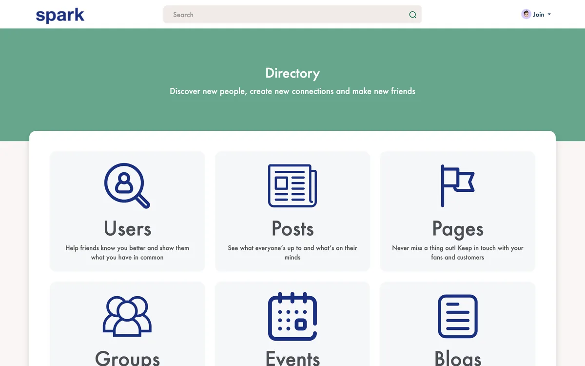 The Directory page on the SPARK Innovation Hub with tiles for Users, Posts, Pages, Groups, Events and Blogs