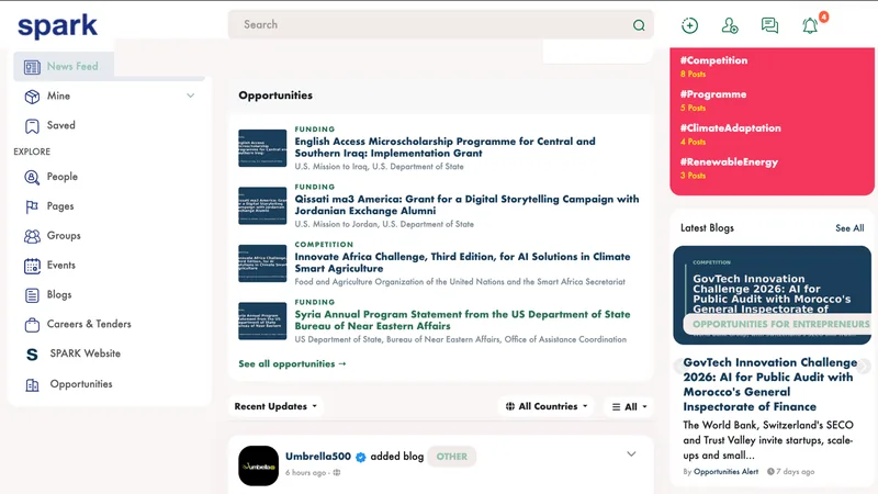 The signed-in SPARK Innovation Hub feed, showing the navigation rail, a curated opportunities module and a post from Umbrella500