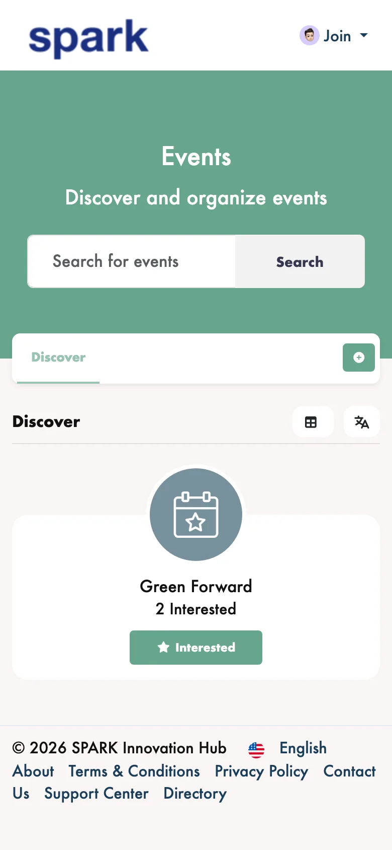 The SPARK Innovation Hub events listing on a phone-width screen