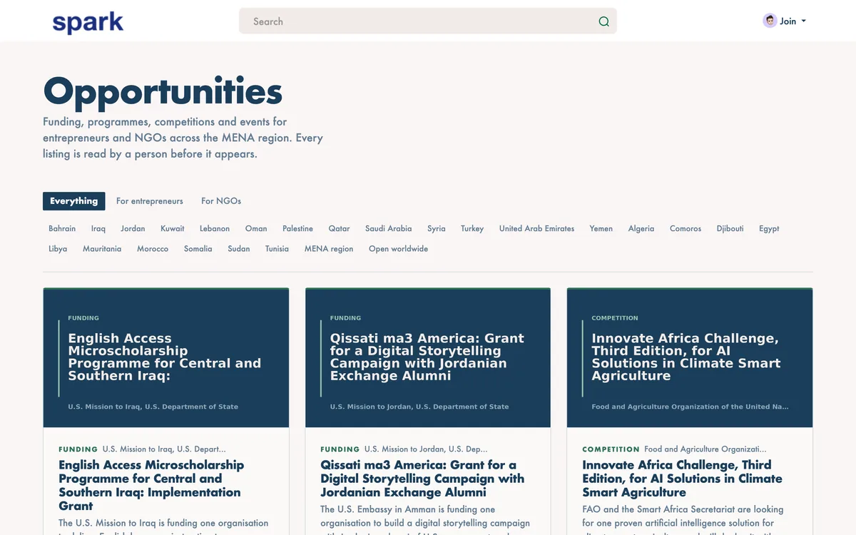 The Opportunities page on the SPARK Innovation Hub, filtered by country across the MENA region, listing funding calls and competitions