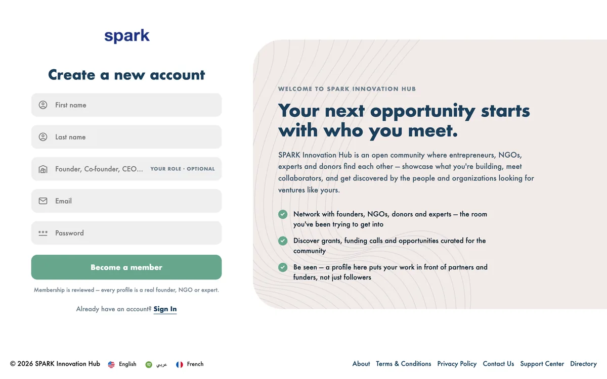 The SPARK Innovation Hub sign-up screen beside a panel reading "Your next opportunity starts with who you meet"