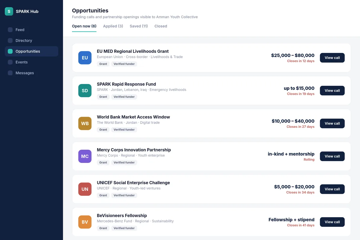 Illustrative mockup of the SPARK Innovation Hub opportunity listing, showing funding calls with amounts and deadlines
