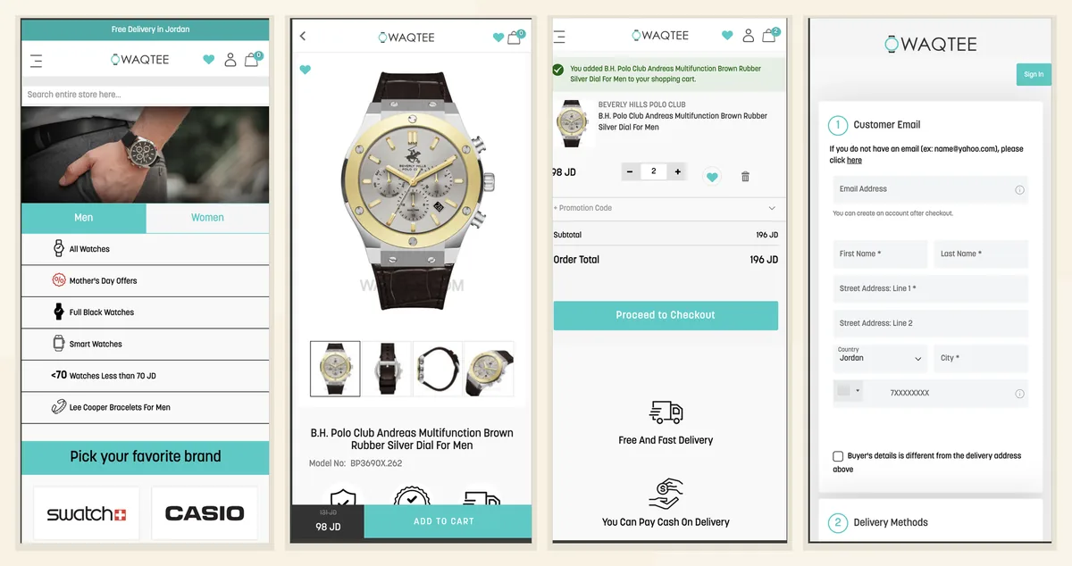 Four screens of the Waqtee storefront — category browse, a watch product page, the cart, and checkout with cash on delivery