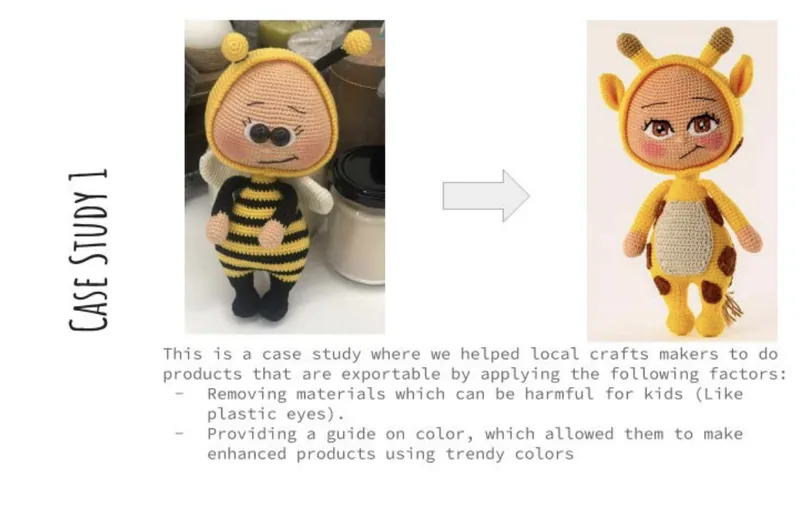 Before and after: a crocheted toy redesigned from a bee with plastic eyes to a giraffe using safe materials and a refined colour palette